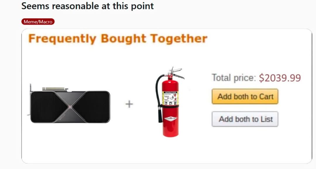 An online shopping interface shows a 'Frequently Bought Together' section with a high-end graphics card and a red fire…