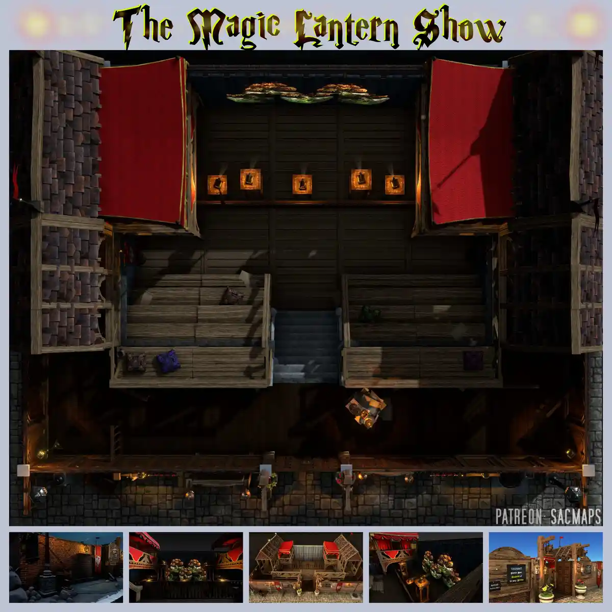 An overhead view of a dimly lit, rustic wooden theater with red curtains, tiered seating, and lanterns on stage, overlaid…