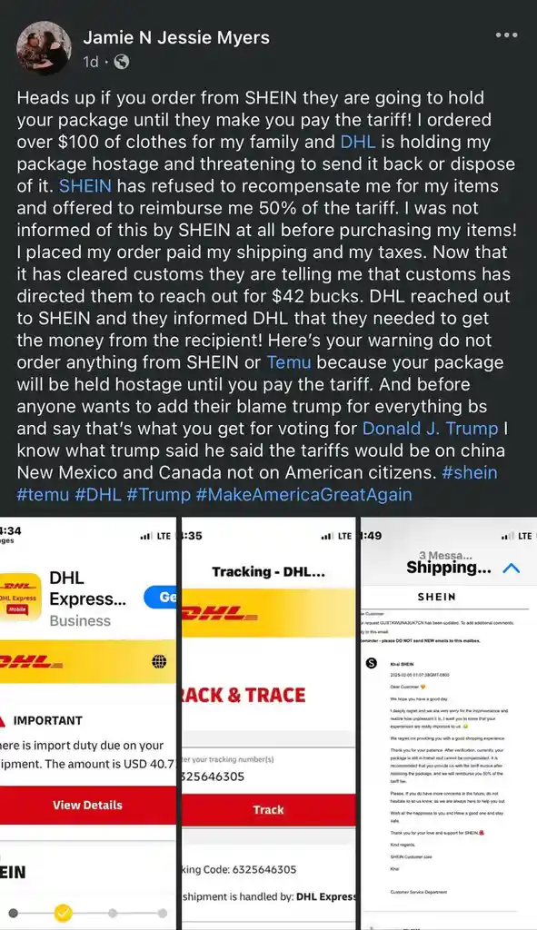 A social media post by Jamie N Jessie Myers shows three screenshots: a DHL tracking page warning of $40.70 import duty, a…