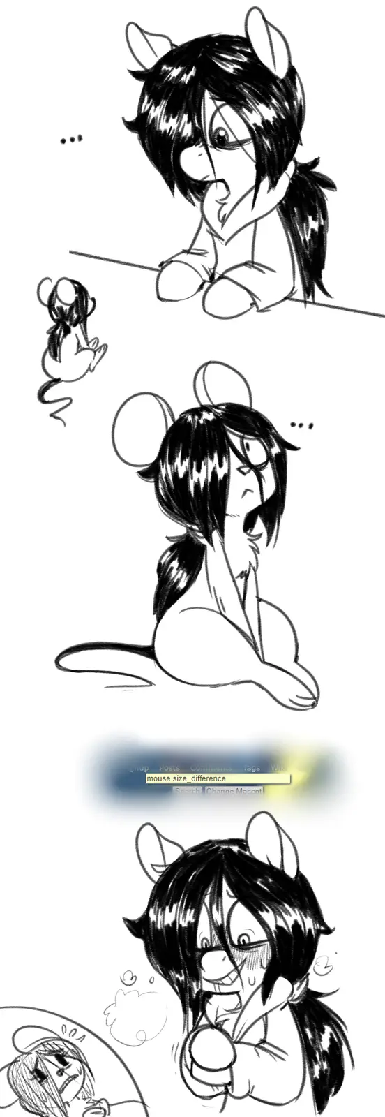 A black-and-white comic strip shows a character with cat-like ears and dark hair looking down at a tiny mouse, then looking…