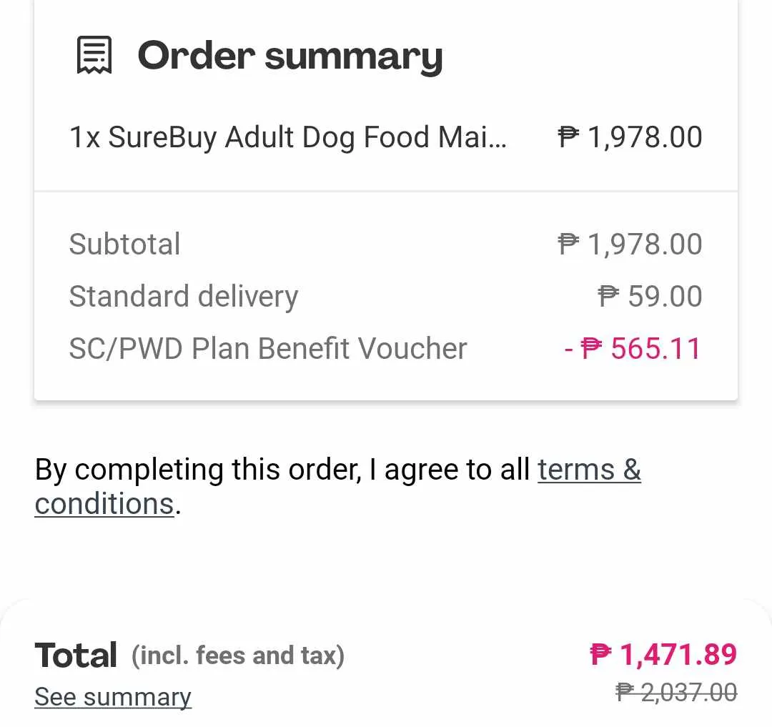 An order summary screenshot shows a dog food purchase priced at ₱1,978.00, with a 'SC/PWD Plan Benefit Voucher' discount of…