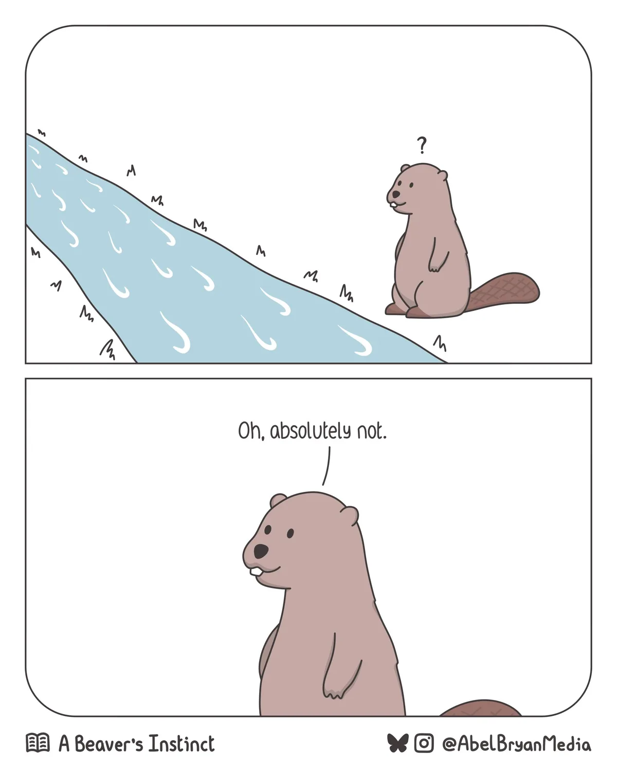 A two-panel cartoon shows a beaver sitting on a riverbank looking confused with a question mark above its head. In the…