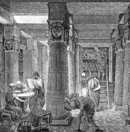 An antique black-and-white illustration depicts an ancient library interior with ornate columns topped by human heads…