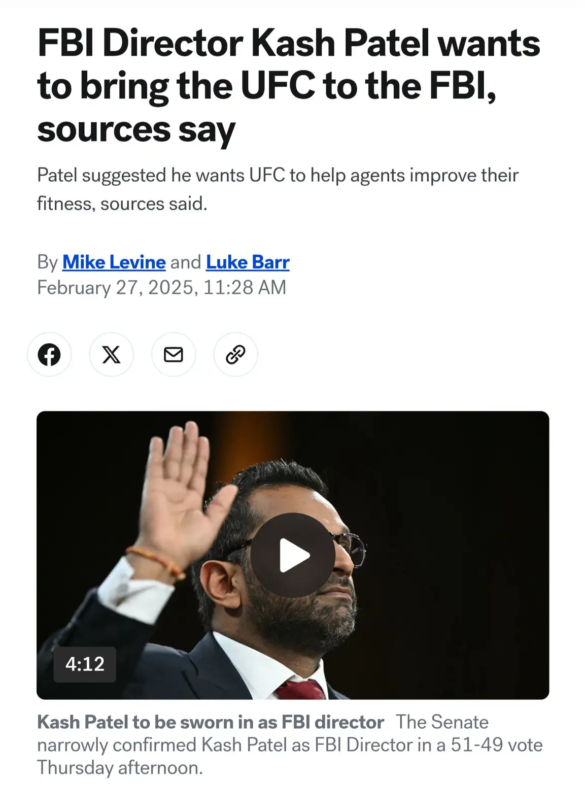 A screenshot of a news article shows a headline stating 'FBI Director Kash Patel wants to bring the UFC to the FBI, sources…