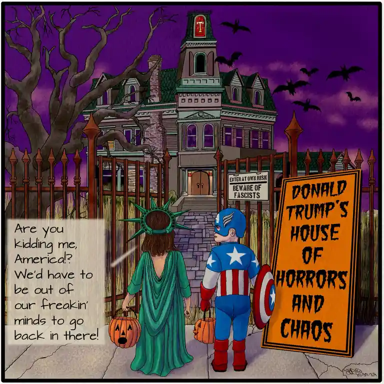 Two children in Halloween costumes, one as Captain America and the other as the Statue of Liberty, stand before a spooky…