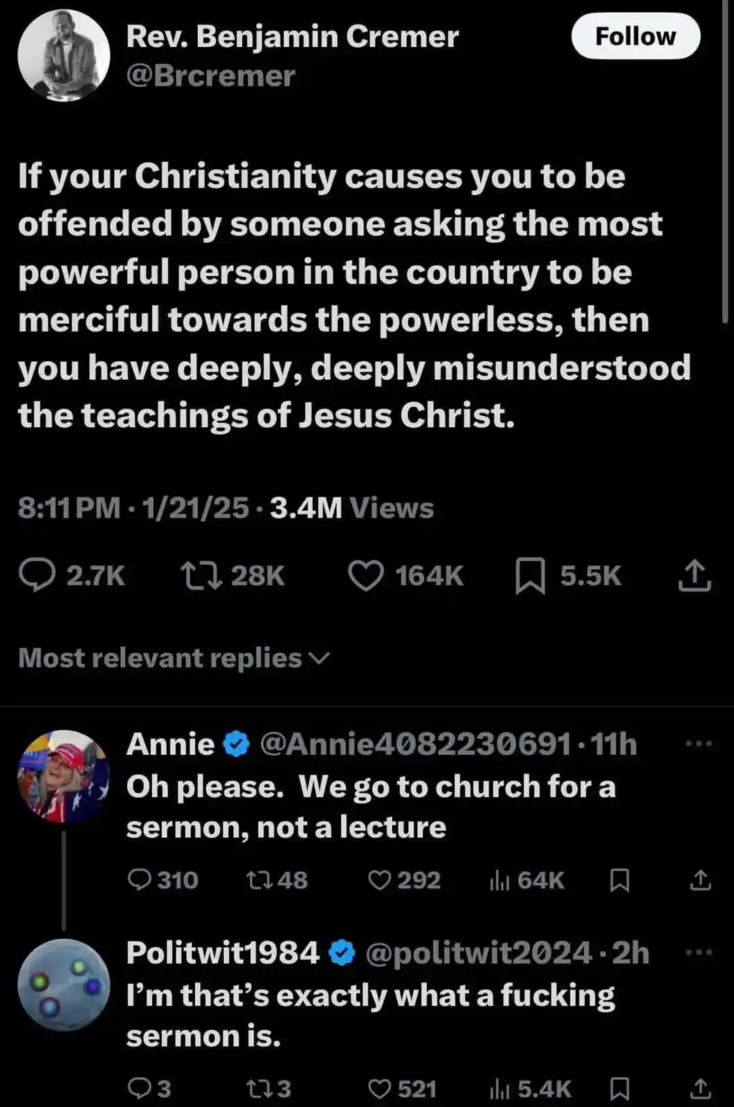 A screenshot of a Twitter thread shows Rev. Benjamin Cremer's tweet criticizing Christians offended by calls for compassion…