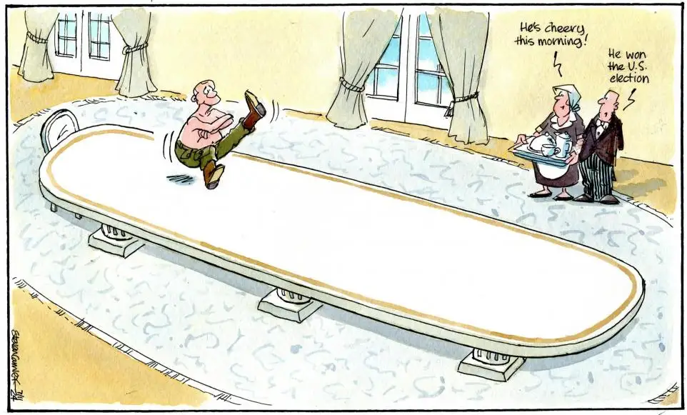 A cartoon depicts a shirtless man joyfully kicking his legs on a long, white, oval-shaped table in a room with windows and…