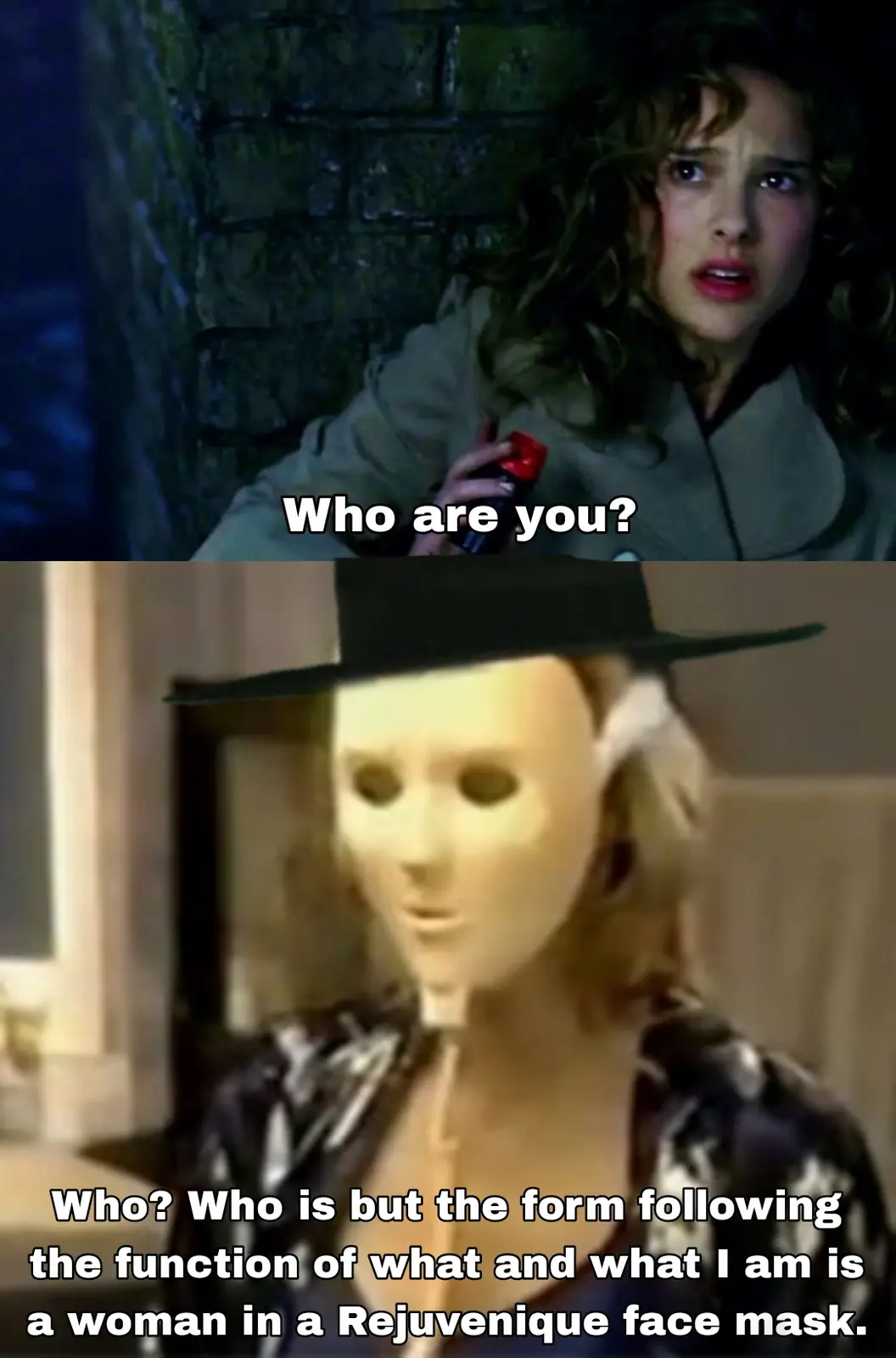 The top panel shows a woman with curly hair, holding a red can, looking scared and asking 'Who are you?' The bottom panel…