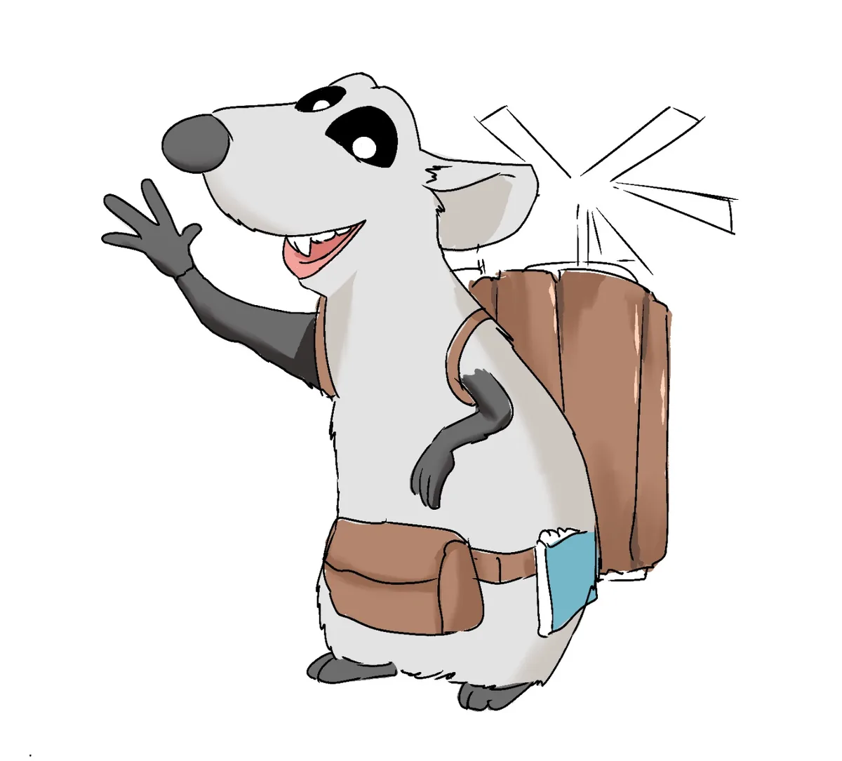 A cartoon mouse with a backpack and belt pouch waves cheerfully while a small explosion graphic appears behind its head. The…
