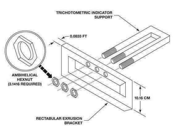 A technical drawing of a bracket with bolts and a hex nut, labeled with absurdly precise measurements and fake engineering…