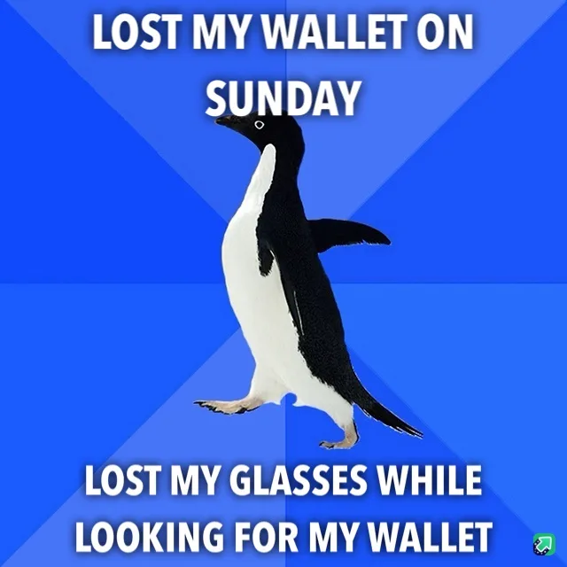 A black-and-white penguin stands against a blue background with diagonal stripes. White bold text at the top reads 'LOST MY…