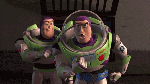A six-panel image sequence shows Buzz Lightyear from Toy Story, initially standing confidently with his arms crossed, then…