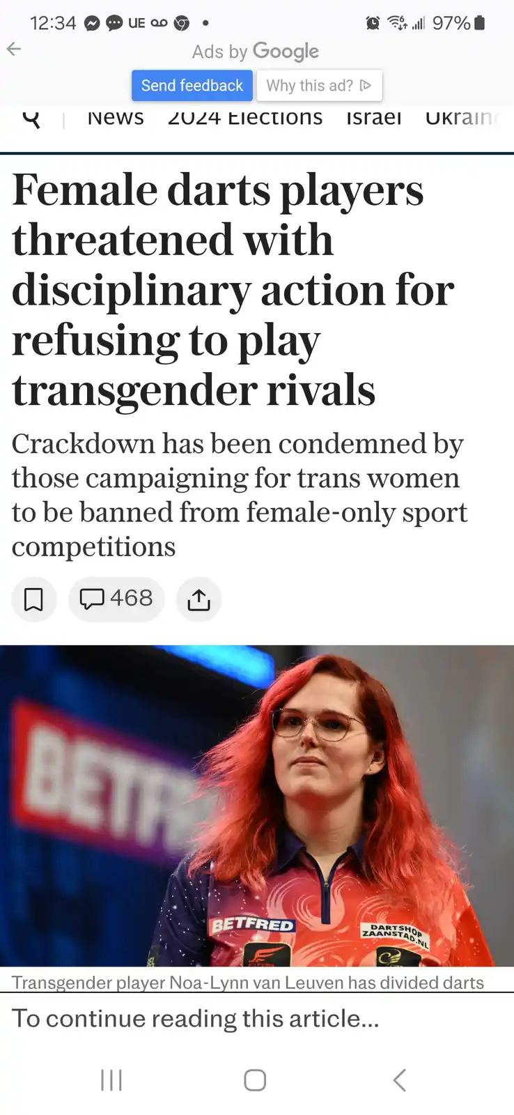 A screenshot of a news article headline about female darts players facing disciplinary action for refusing to compete…