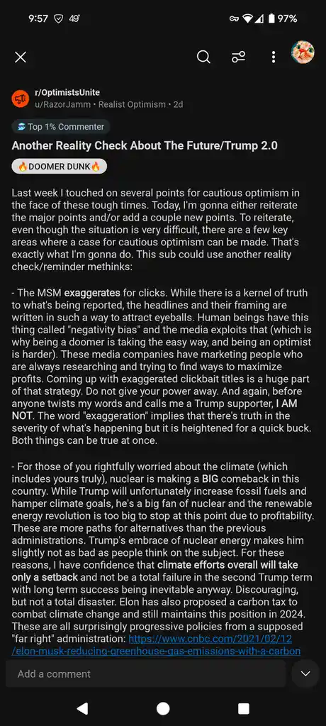 A screenshot of a Reddit post from r/OptimistsUnite by user u/RazorJamm, titled 'Another Reality Check About The…