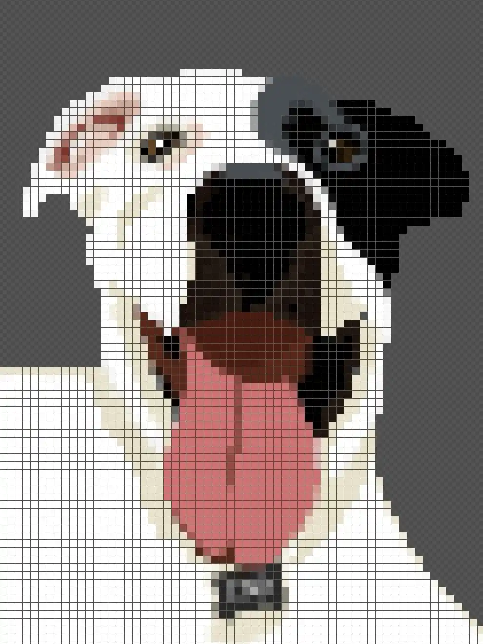 A pixelated, grid-based image of a dog's face with its tongue out, featuring black, white, and brown patches. The overlaid…