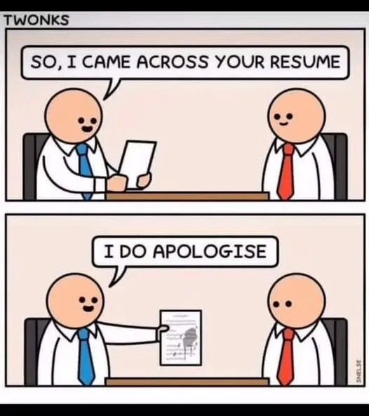 Two-panel comic featuring two bald, stick-figure men in business attire. In the top panel, one man holds a resume and says…