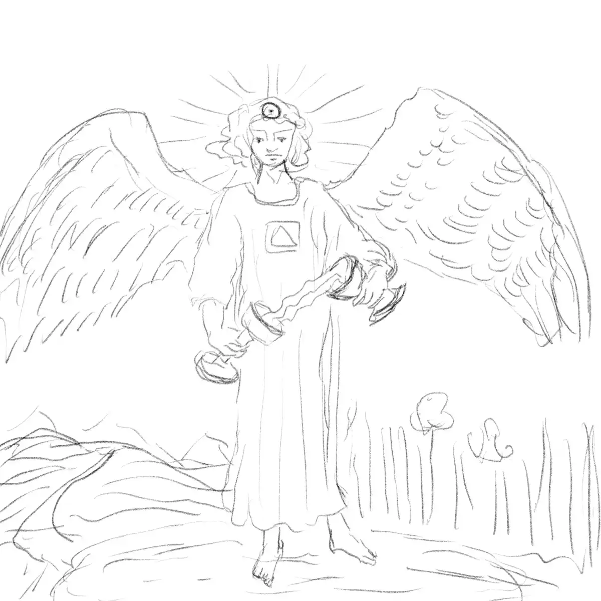 A black-and-white sketch depicts a humanoid angel with large, feathered wings, a halo, and a stern expression, holding a…