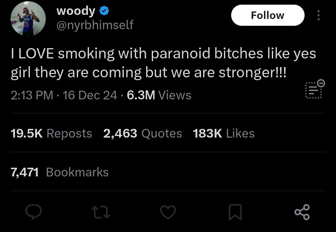 A screenshot of a Twitter post by user 'woody' (@nyrbhimself) showing a tweet with the text 'I LOVE smoking with paranoid…