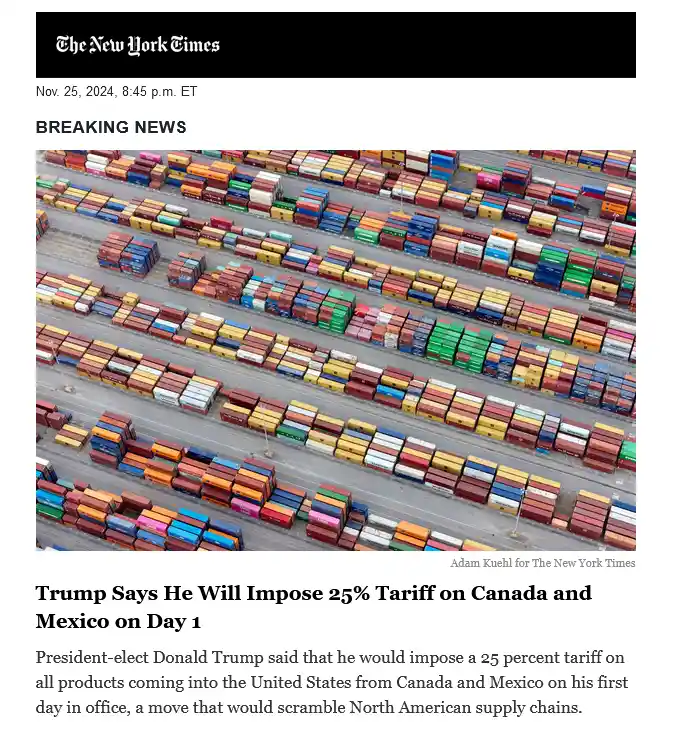 An aerial photo of a massive port filled with colorful shipping containers, overlaid with a New York Times breaking news…