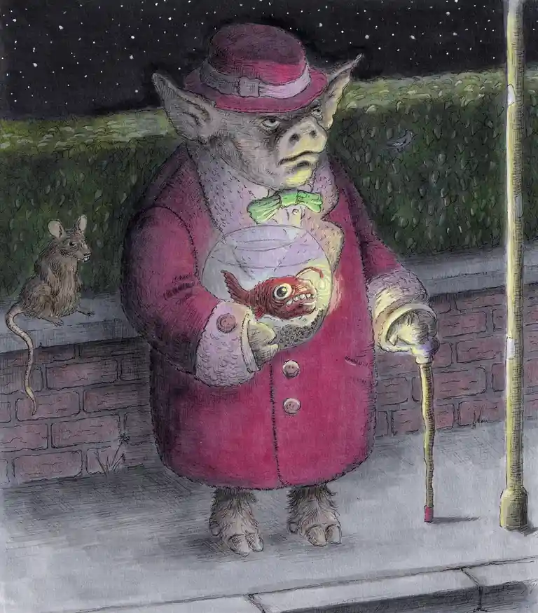 A cartoonish, elderly goblin-like creature in a pink coat and hat holds a glowing fishbowl containing a red, grinning fish…