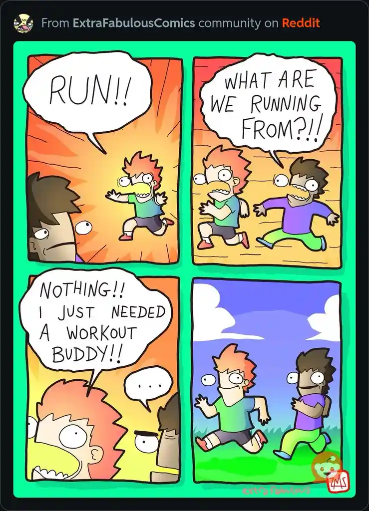 A four-panel comic shows two cartoon boys running in panic. The first panel has one boy yelling 'RUN!!' while the other…