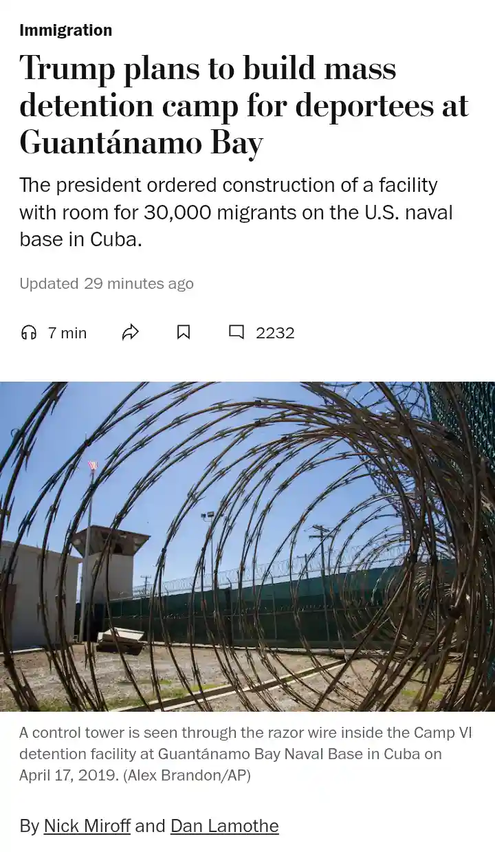 A screenshot of a news article with the headline 'Trump plans to build mass detention camp for deportees at Guantánamo Bay'…