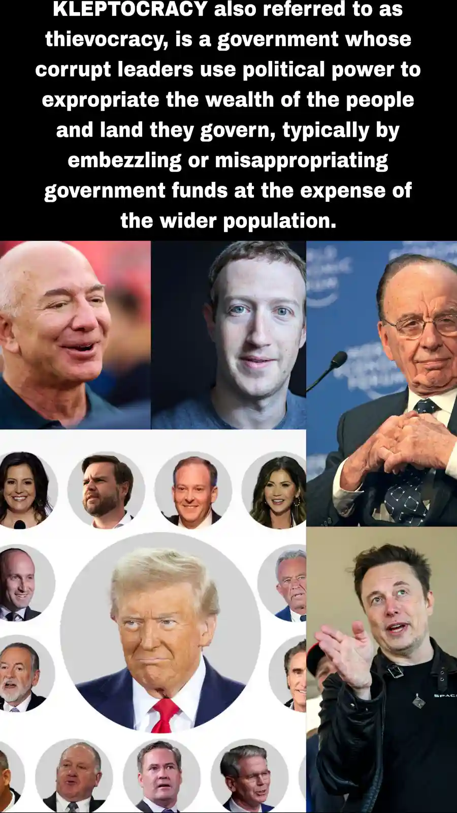 The image displays a definition of kleptocracy overlaid on a collage of photos featuring prominent public figures including…