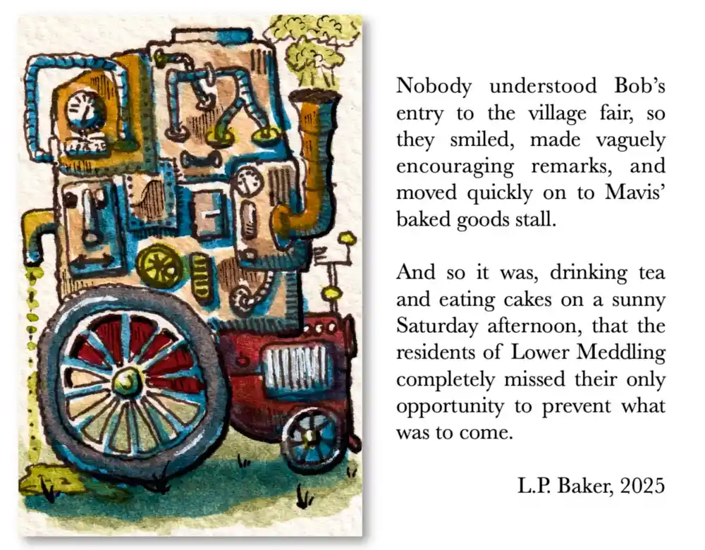 A watercolor illustration of a whimsical, cluttered, and oddly constructed vehicle resembling a tractor or cart with…