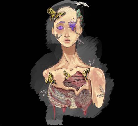 An illustration of a pale, stylized female figure with dark hair, purple eyes, and butterflies emerging from her chest…