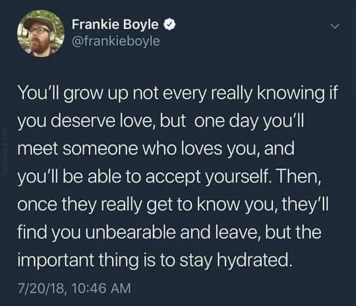 A screenshot of a tweet by Frankie Boyle, showing his profile picture and a long text message that reads: 'You'll grow up…