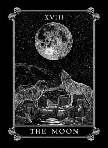 A black-and-white tarot card depicting 'The Moon' (XVIII), showing two wolves on rocky terrain under a large, detailed moon…