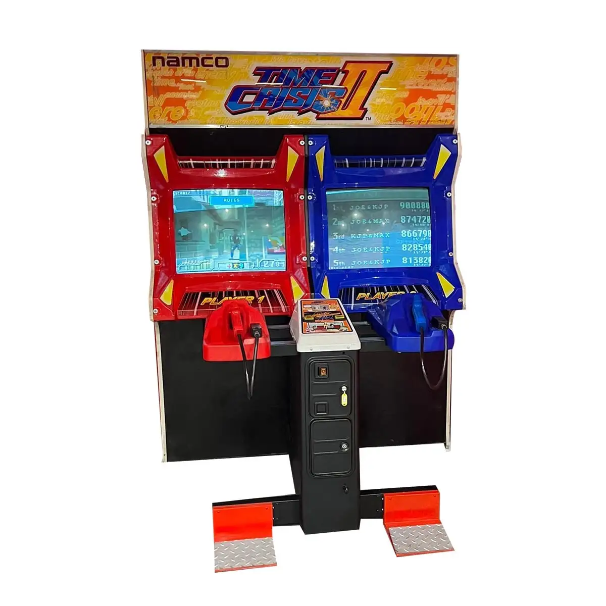 A red and blue Namco Time Crisis II arcade machine with two player stations, each with a screen, gun controller, and foot…