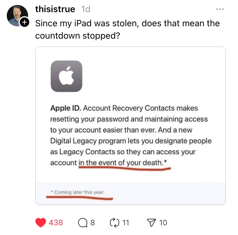 A screenshot of an Apple ID account recovery notification, with the phrase 'in the event of your death' underlined in red…