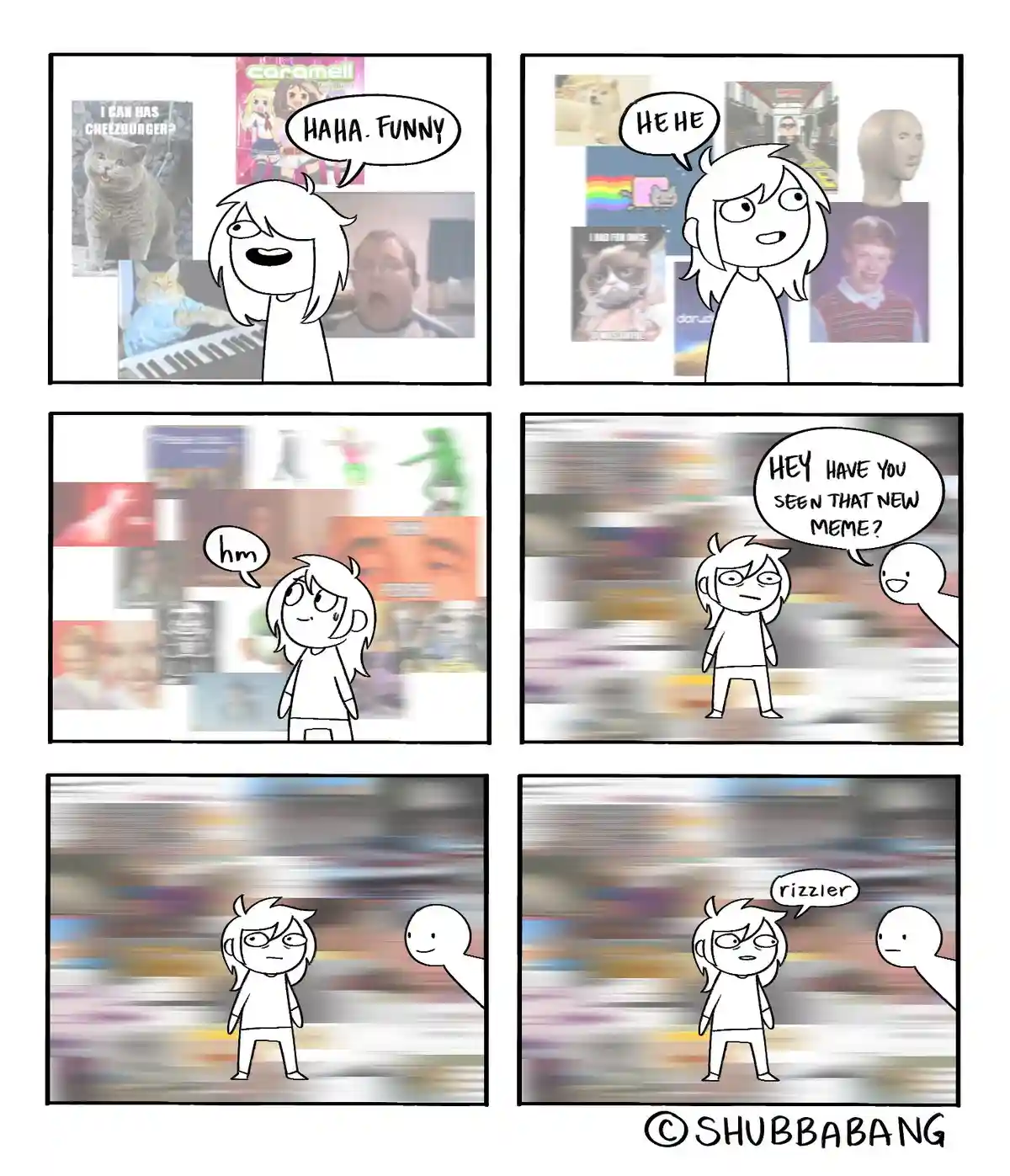 A six-panel comic strip shows a character initially laughing at classic memes like 'I CAN HAS CHEEZBURGER?' and 'Grumpy…