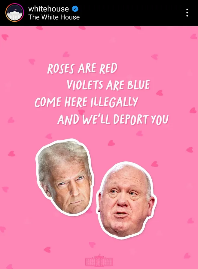 A pink background with scattered hearts features two cutout portraits of Donald Trump and an older man, overlaid with the…