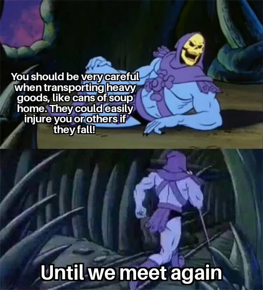 The meme features two panels from the animated series 'He-Man and the Masters of the Universe'. The top panel shows…