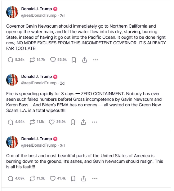 A screenshot of three tweets from Donald J. Trump's Twitter account, each expressing outrage about wildfires in California…