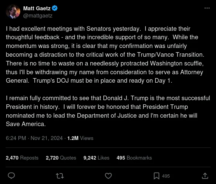A screenshot of a tweet from Matt Gaetz's verified Twitter account, showing his announcement that he is withdrawing his name…