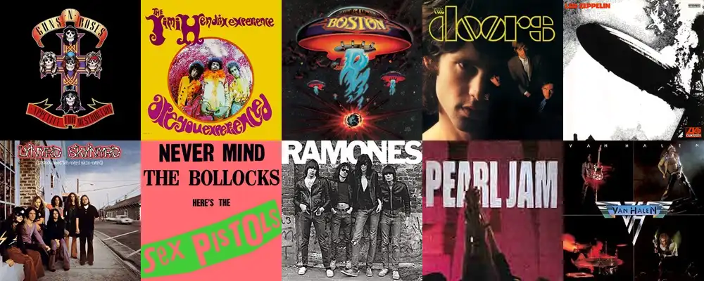 A collage of ten iconic rock band album covers arranged in two rows, including Guns N' Roses, The Jimi Hendrix Experience…