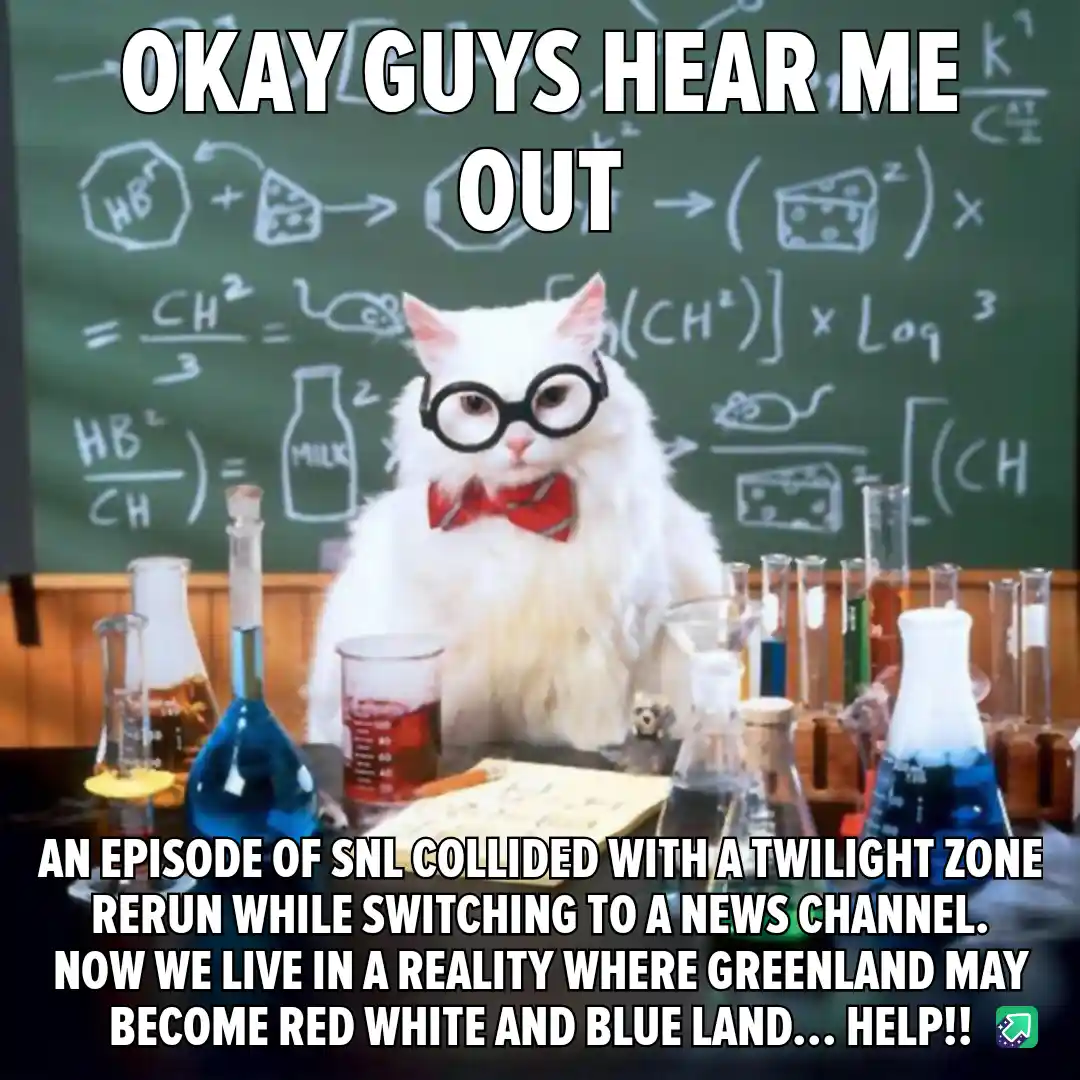 A white cat wearing oversized black-rimmed glasses and a red bowtie sits at a cluttered chemistry lab desk with beakers and…