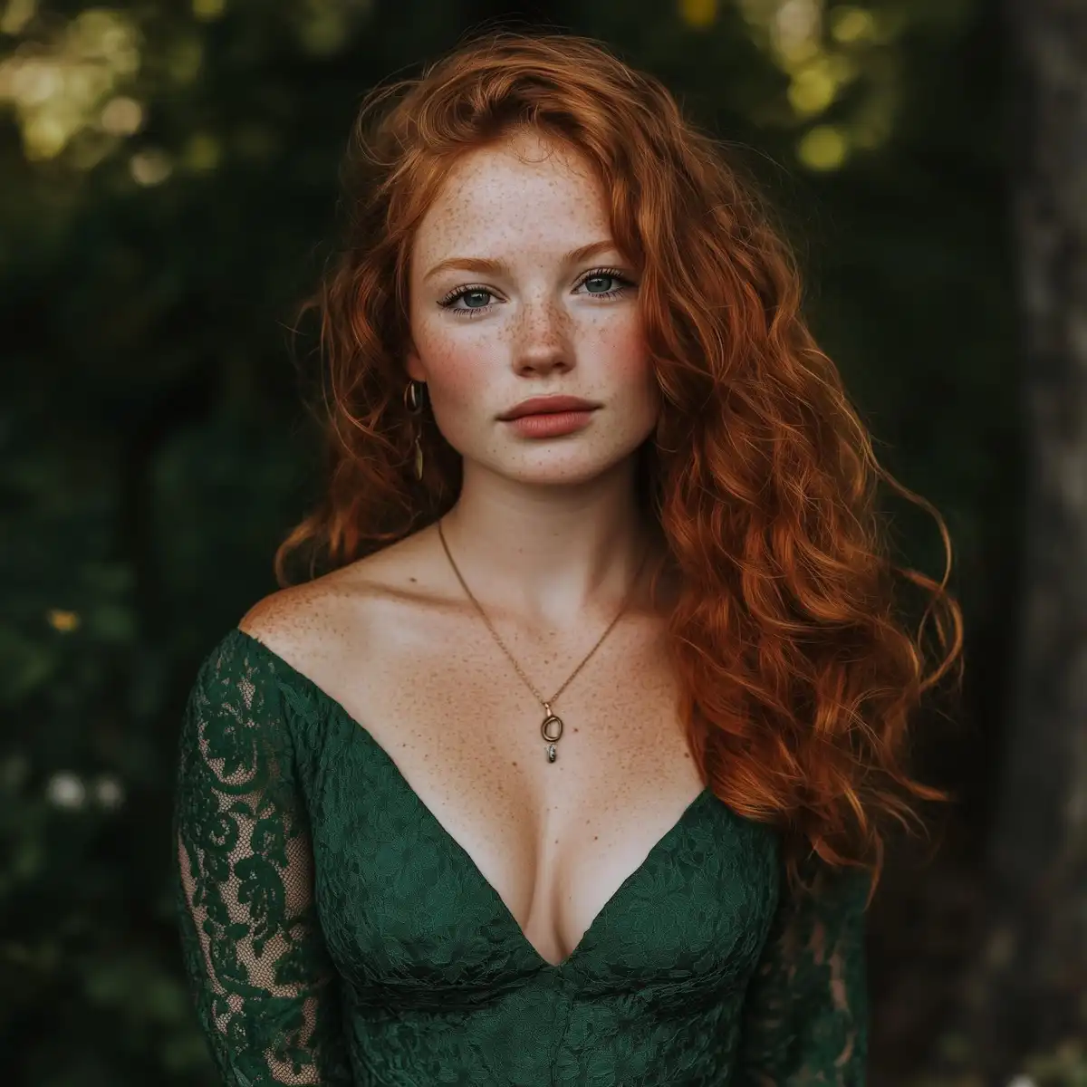 A woman with long, curly red hair and freckles wears a deep green lace dress with a plunging neckline, standing outdoors…