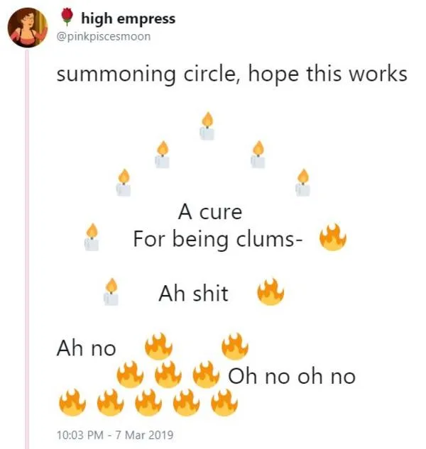 A screenshot of a tweet from user 'high empress' (@pinkpiscesmoon) shows a circle of lit candle emojis arranged as a…