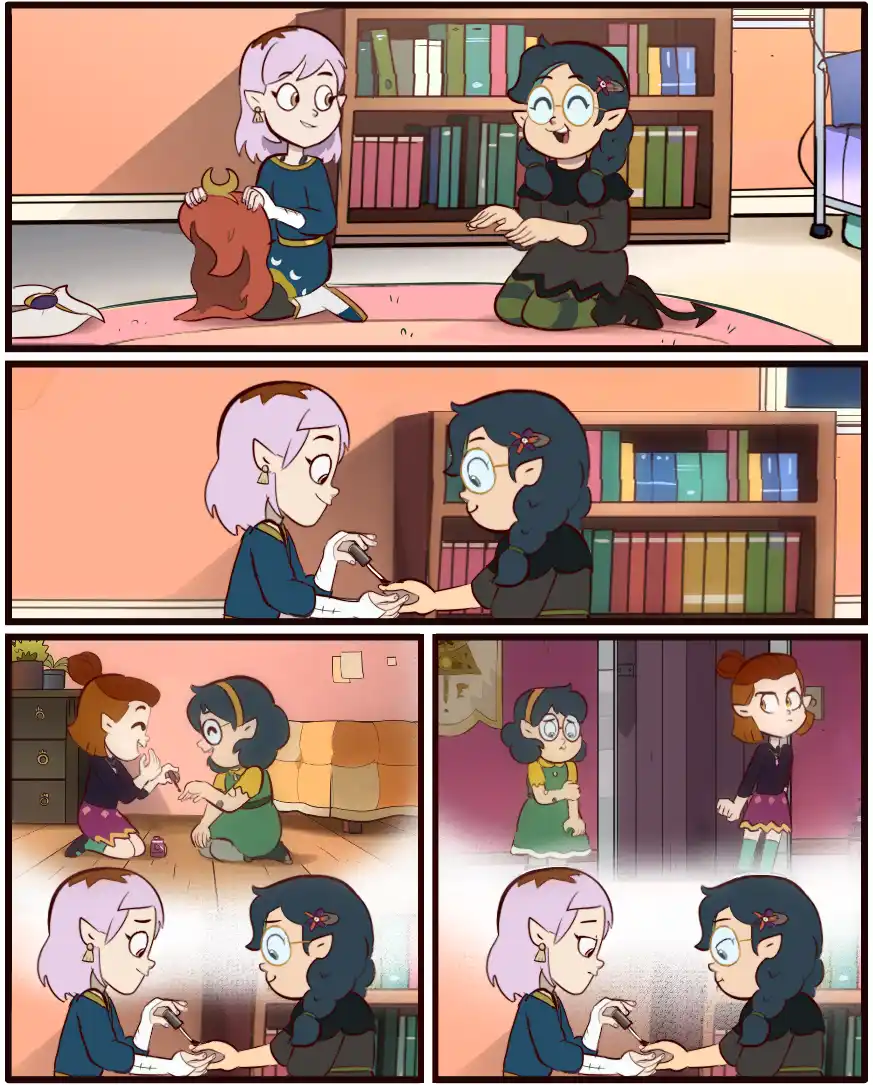 A four-panel comic strip featuring two animated elf-like girls. In the first panel, one girl with purple hair holds a small…