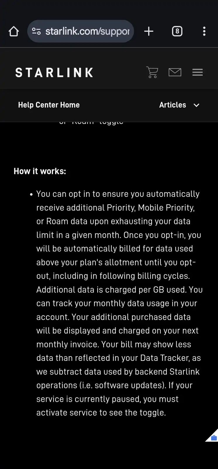 A screenshot of the Starlink Help Center webpage showing a section titled 'How it works:' explaining the automatic billing…