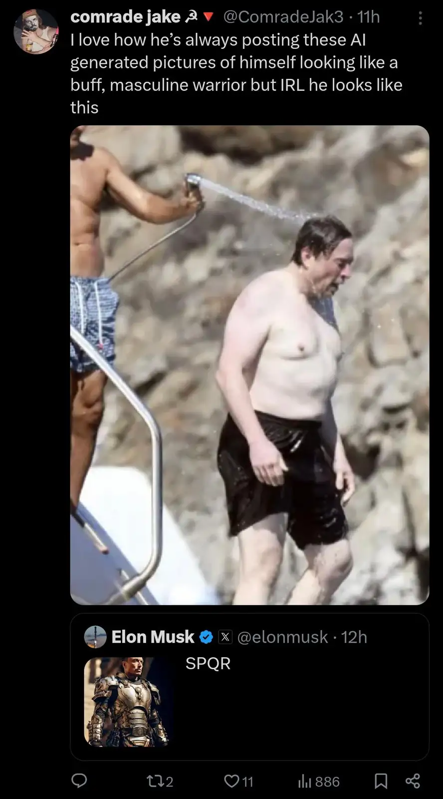 The image shows a man with a round, unshaven face and soft physique, wearing black swim trunks, walking away from a boat…