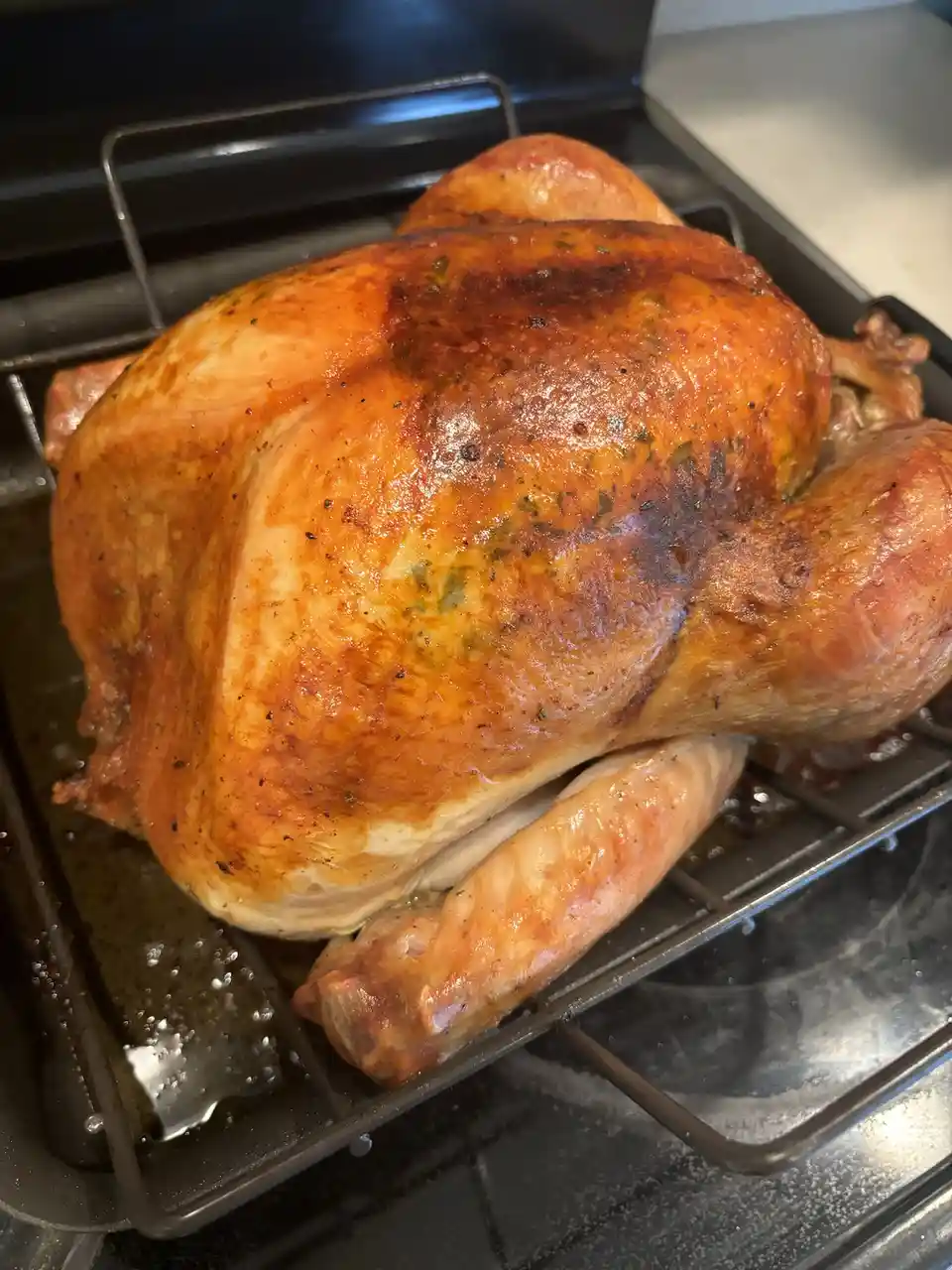 A whole roasted turkey with golden-brown, crispy skin sits on a metal rack inside a roasting pan, with visible drippings…