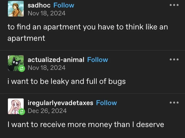 A screenshot of three social media comments, each from a different user, expressing ironic or darkly humorous desires…