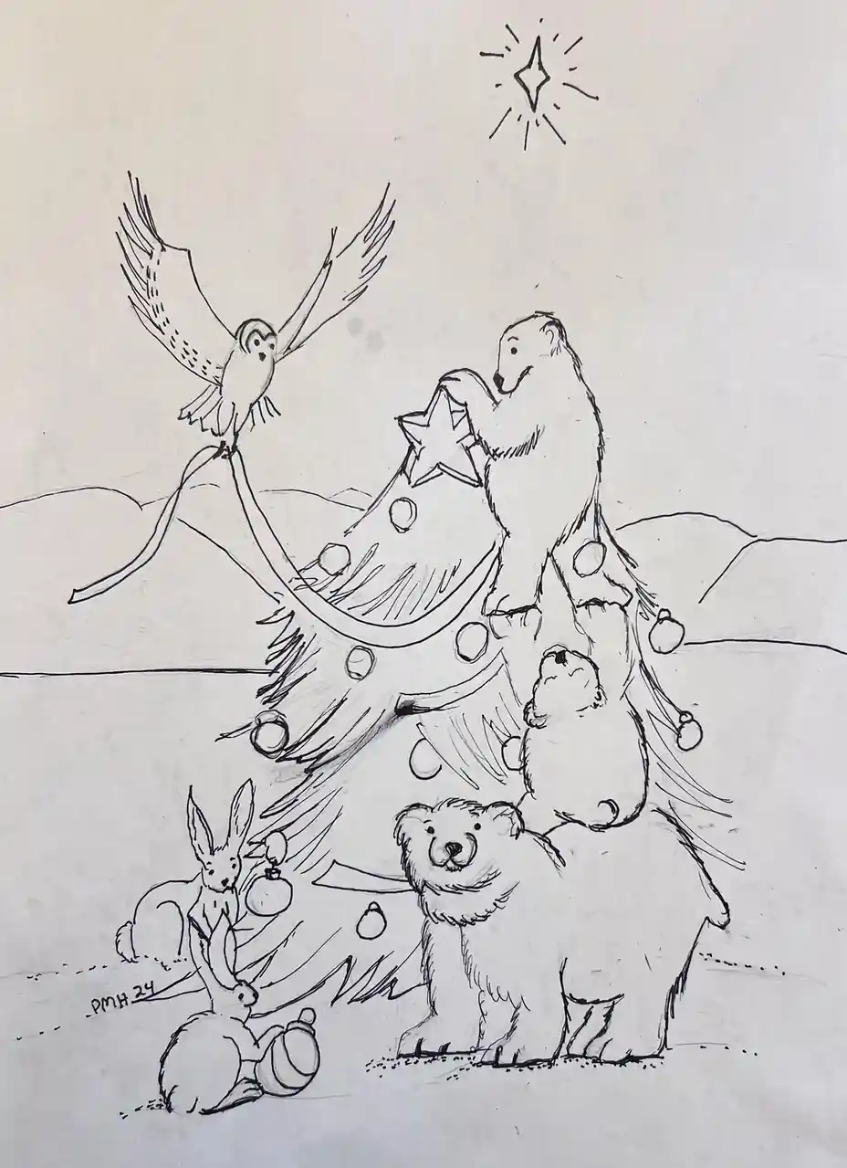 A black-and-white line drawing shows a festive scene with a Christmas tree decorated with ornaments and a star, surrounded…