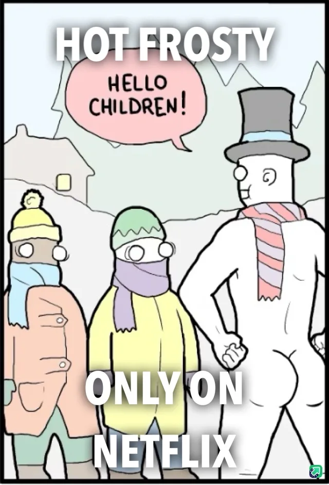 A cartoon snowman wearing a top hat and scarf greets two bundled-up children in winter clothes. The snowman says 'HELLO…