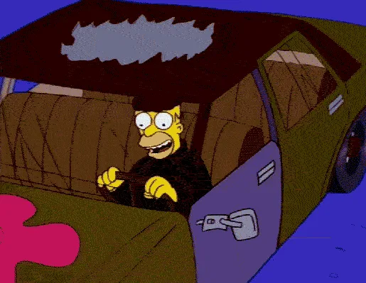 This image is a six-panel comic strip from The Simpsons, showing Homer Simpson driving a green car with a pink flower on the…